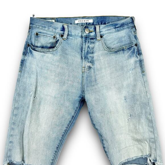 PacSun Mens Slim Fit Tapered Leg Light Ripped Distressed Jeans Light Wash 29x30* - Picture 3 of 13